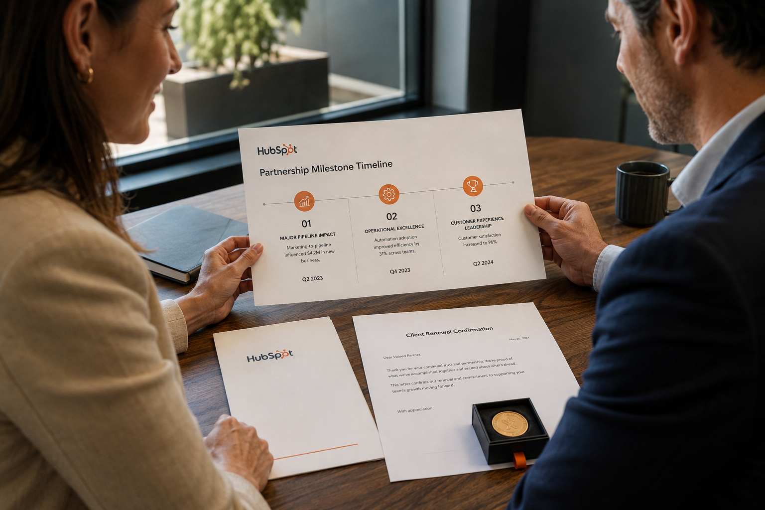 A client and customer-success leader reviewing a HubSpot partnership timeline with three shared achievements and a renewal letter.