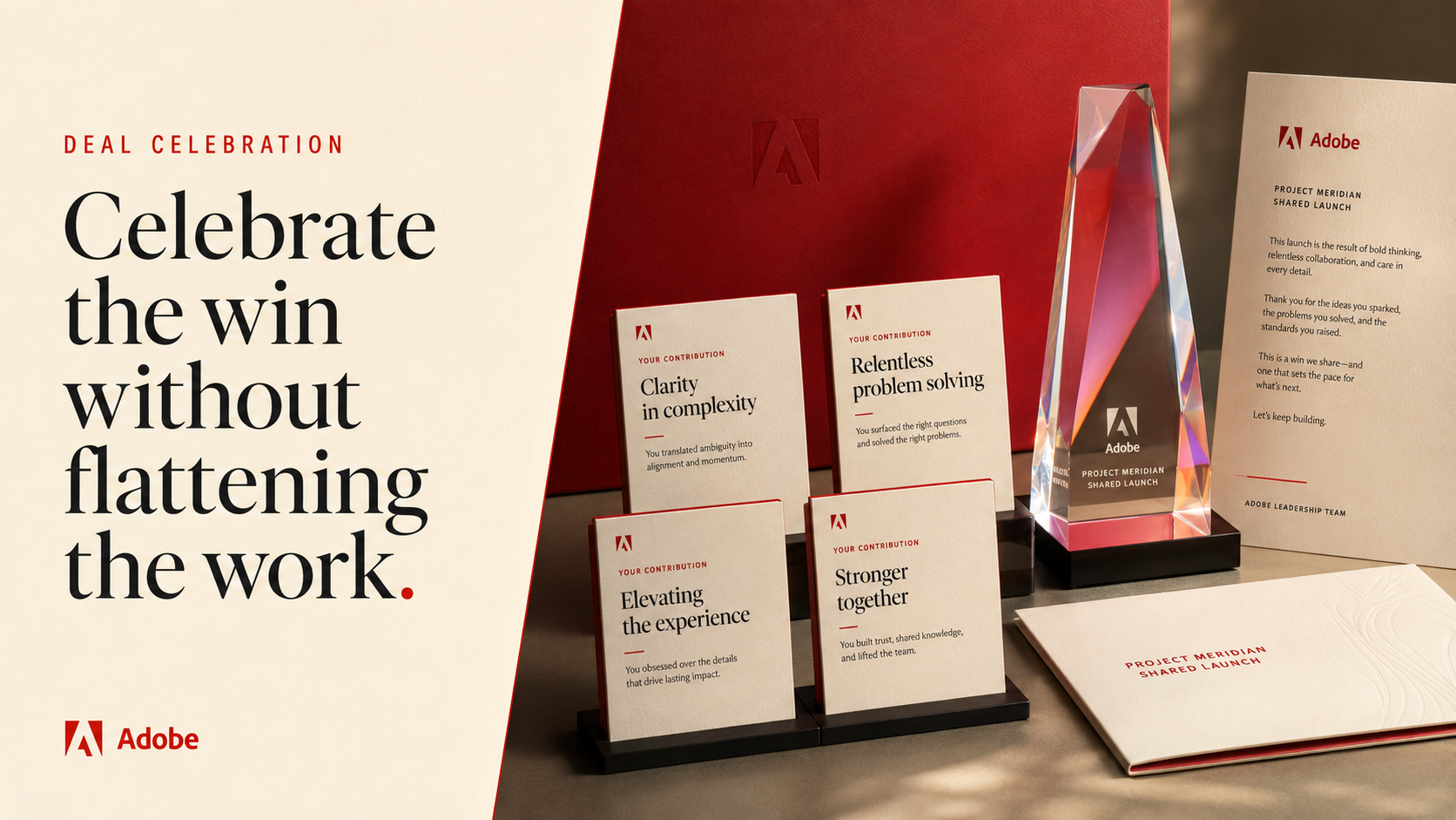 Adobe contribution cards and a shared-launch keepsake beside the headline Celebrate the win without flattening the work.