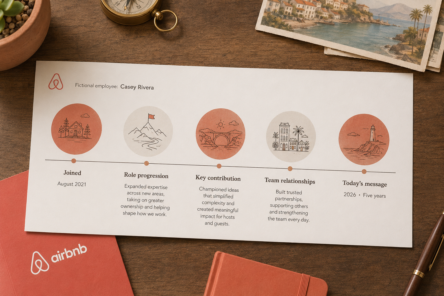 An Airbnb year-marker timeline connecting a fictional joining date to role progression, contribution, relationships, and today's message.