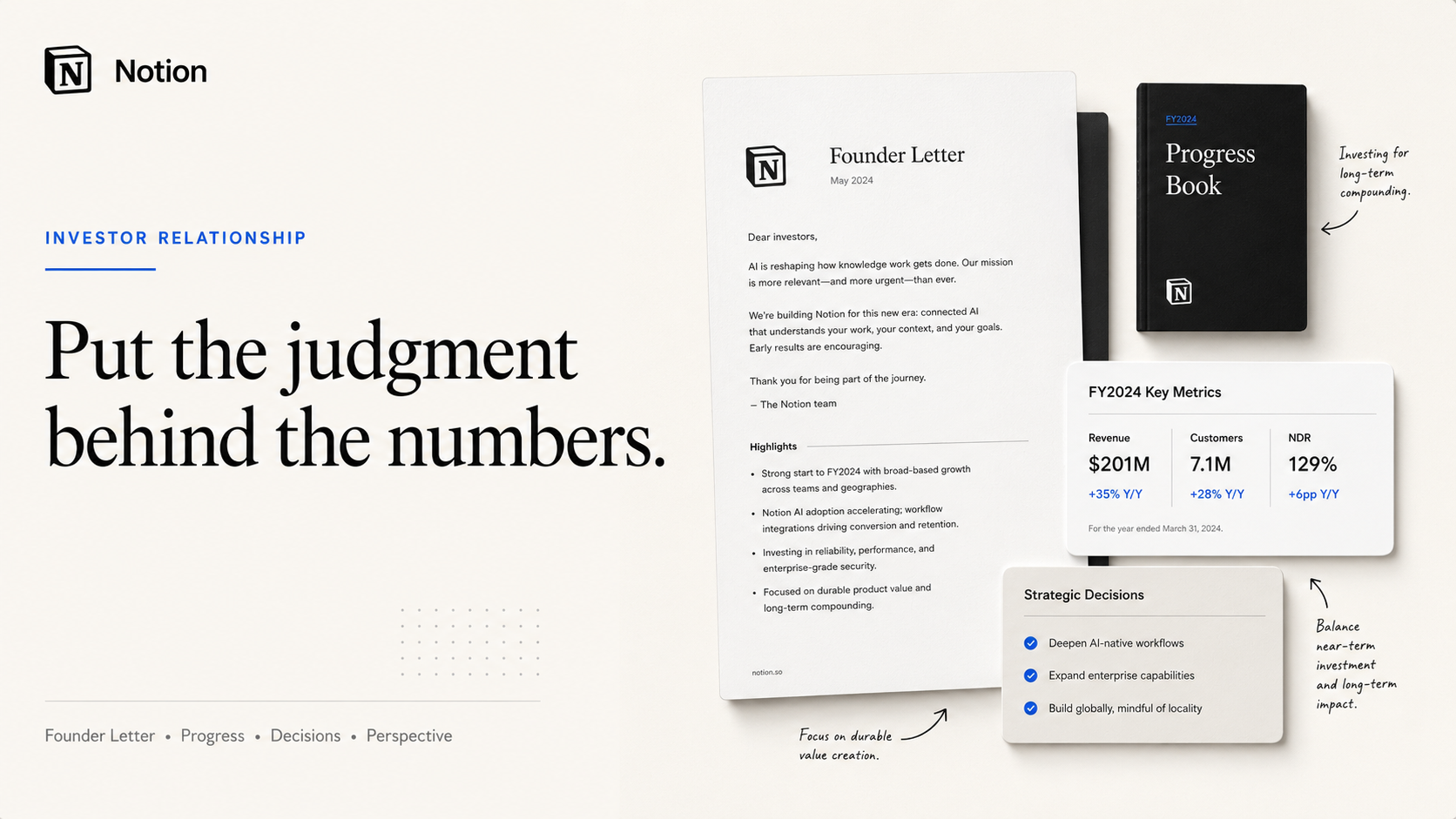 Notion founder-update materials beside the headline Put the judgment behind the numbers.