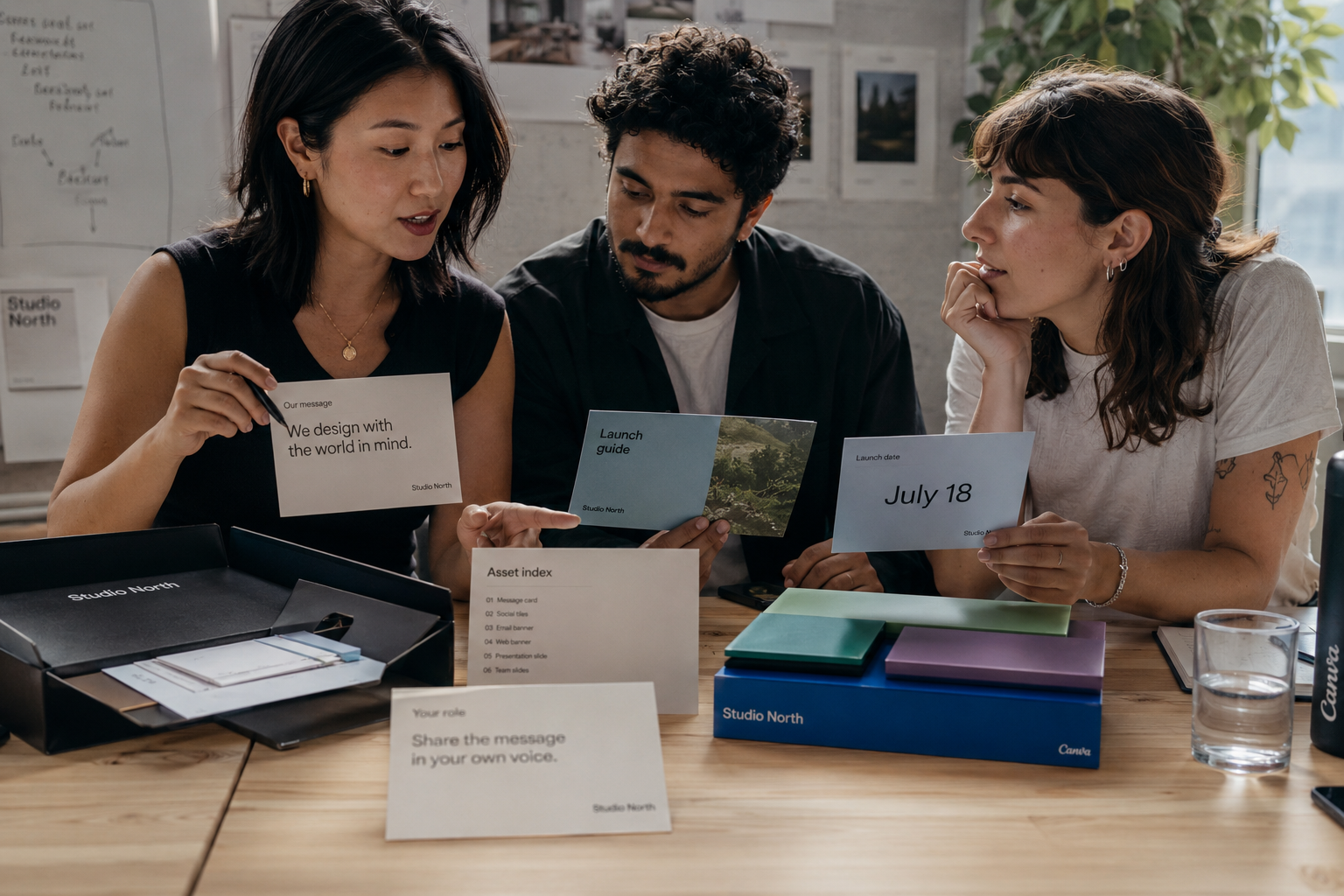 A partner team coordinates launch date, message, assets, and roles using a Canva launch kit.