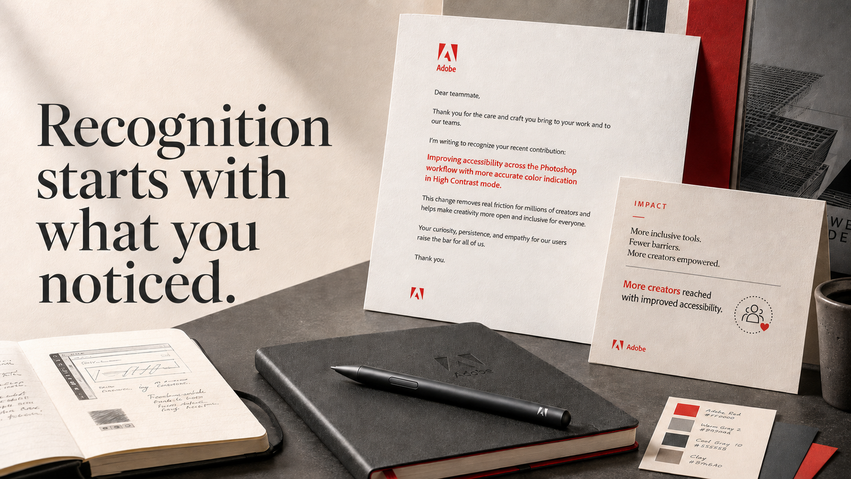 An Adobe recognition letter, qualitative impact card, sketch notebook, and stylus beside the editorial line Recognition starts with what you noticed.