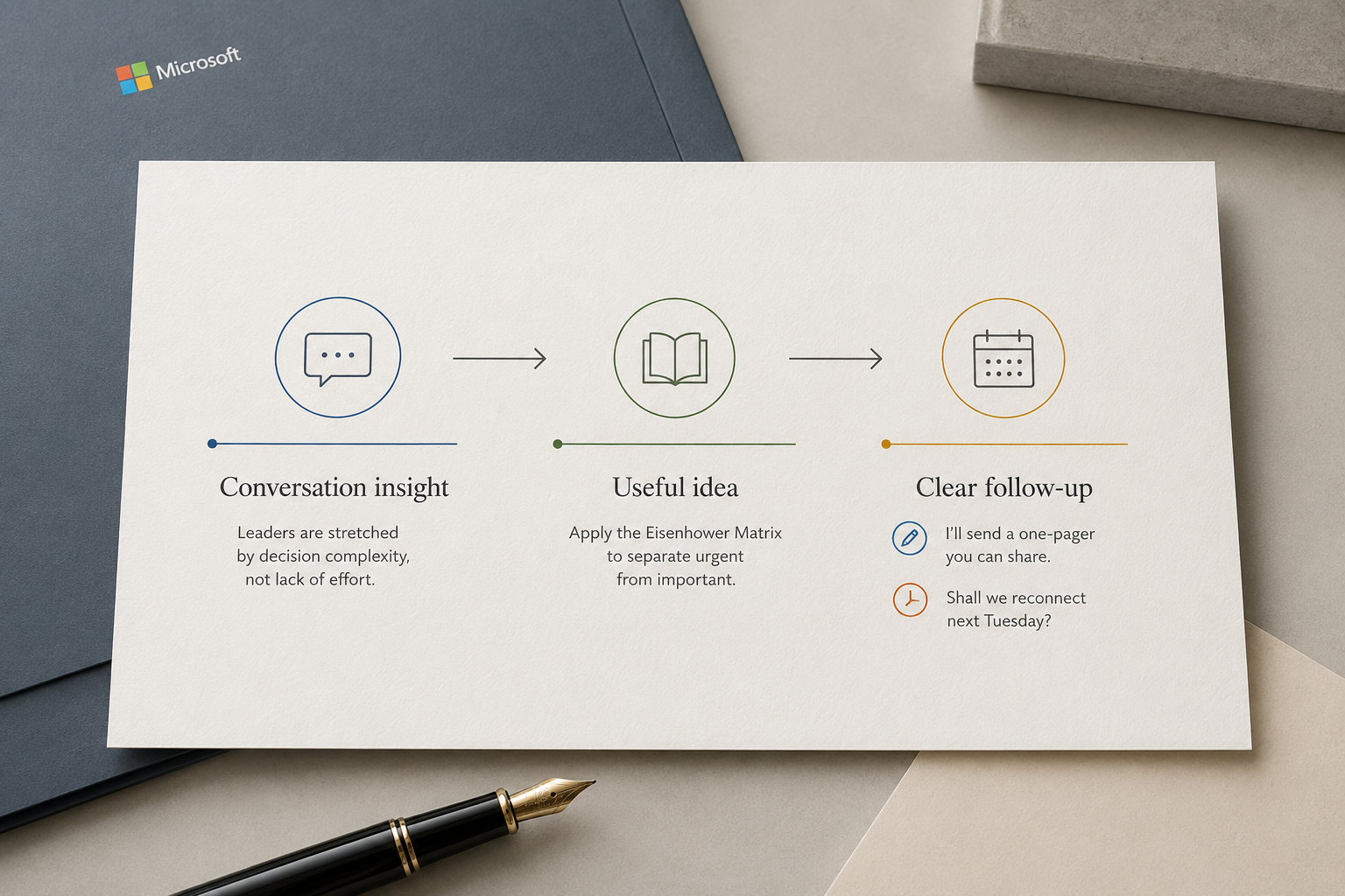 A three-stage Microsoft executive brief connecting one conversation insight to one useful idea and one clear follow-up.