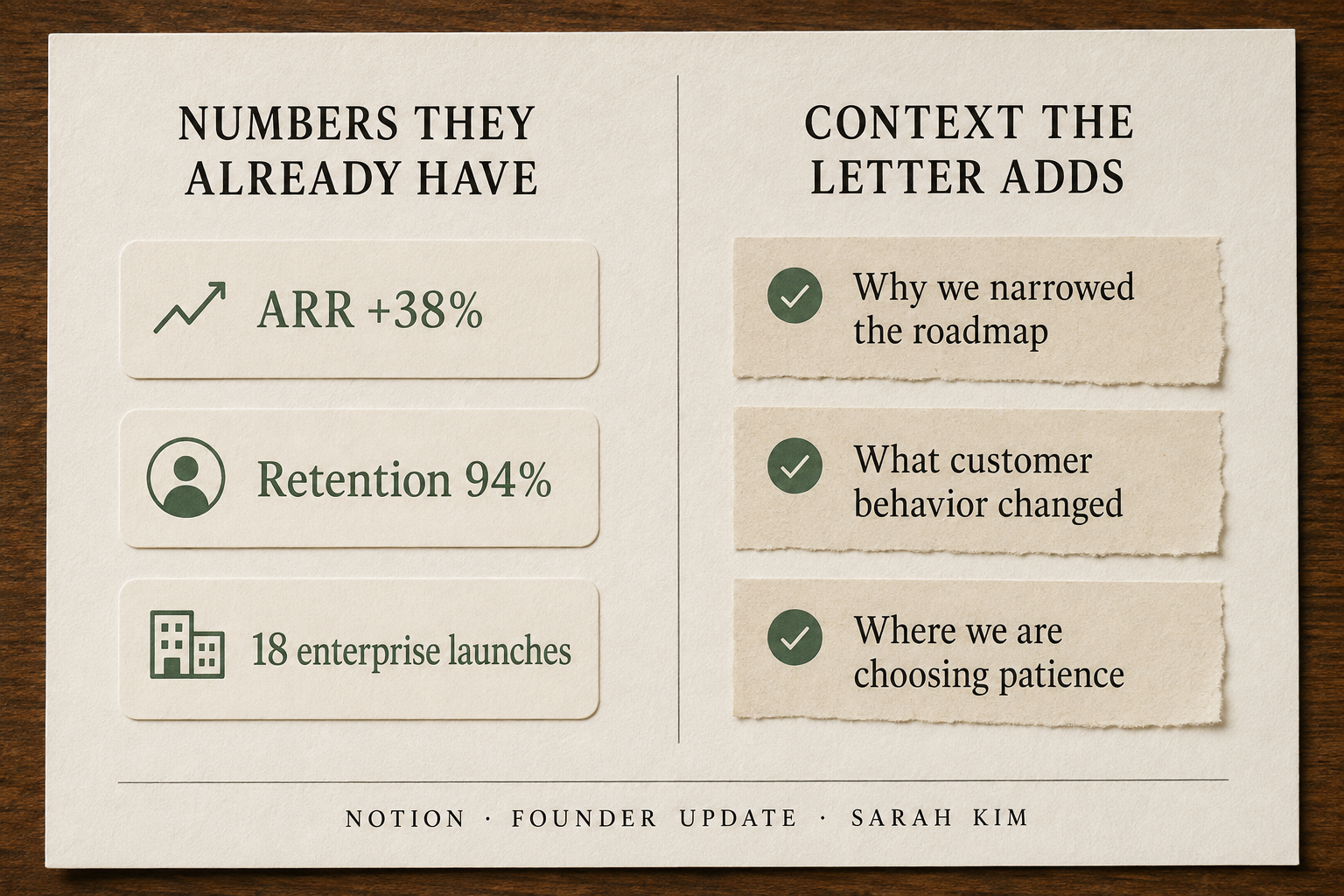Split visual contrasting known metrics with the strategic context added by a founder letter.