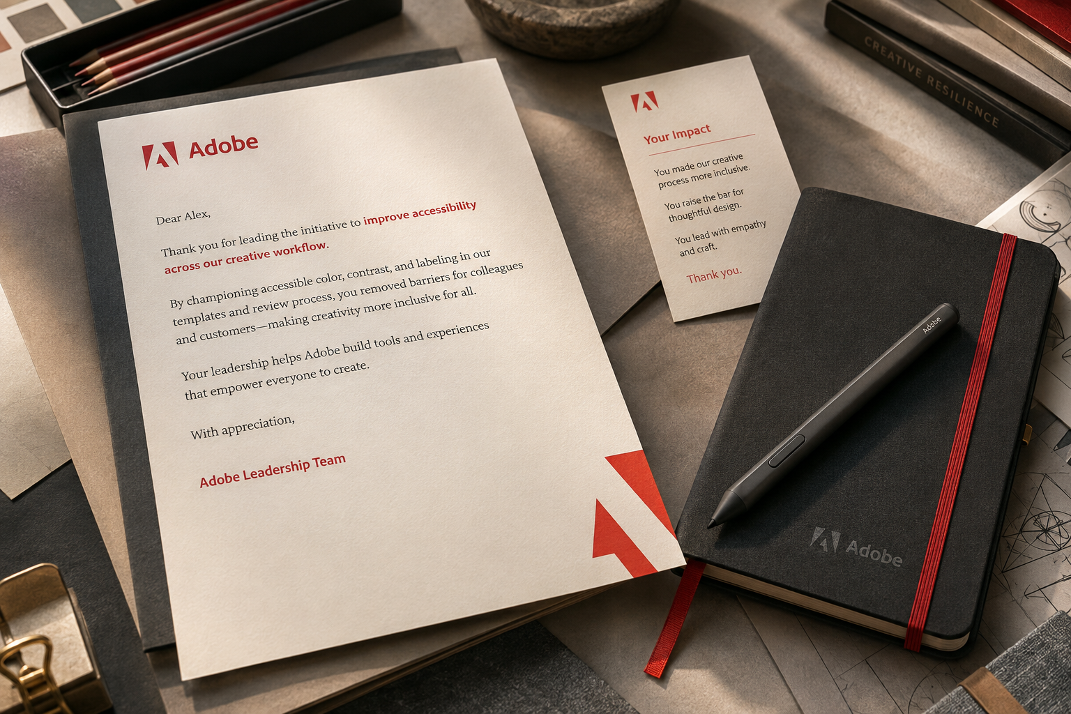 An Adobe leadership letter recognizing fictional employee Alex for improving accessibility, paired with an impact card, notebook, and stylus.