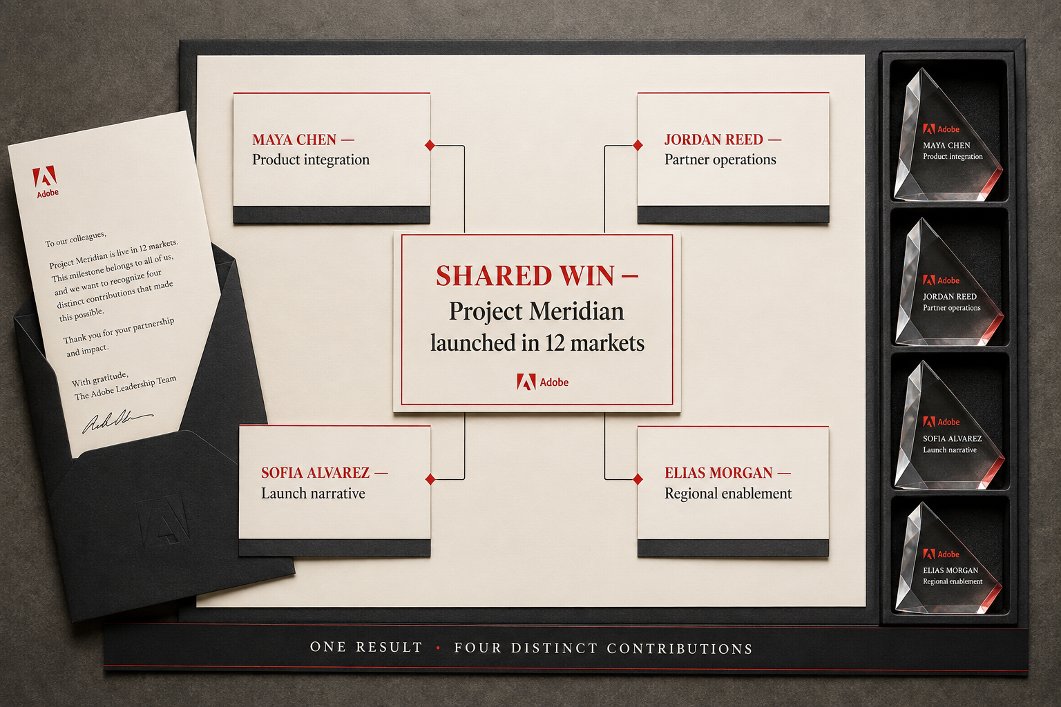 Contributor map connecting one shared launch to four distinct roles.