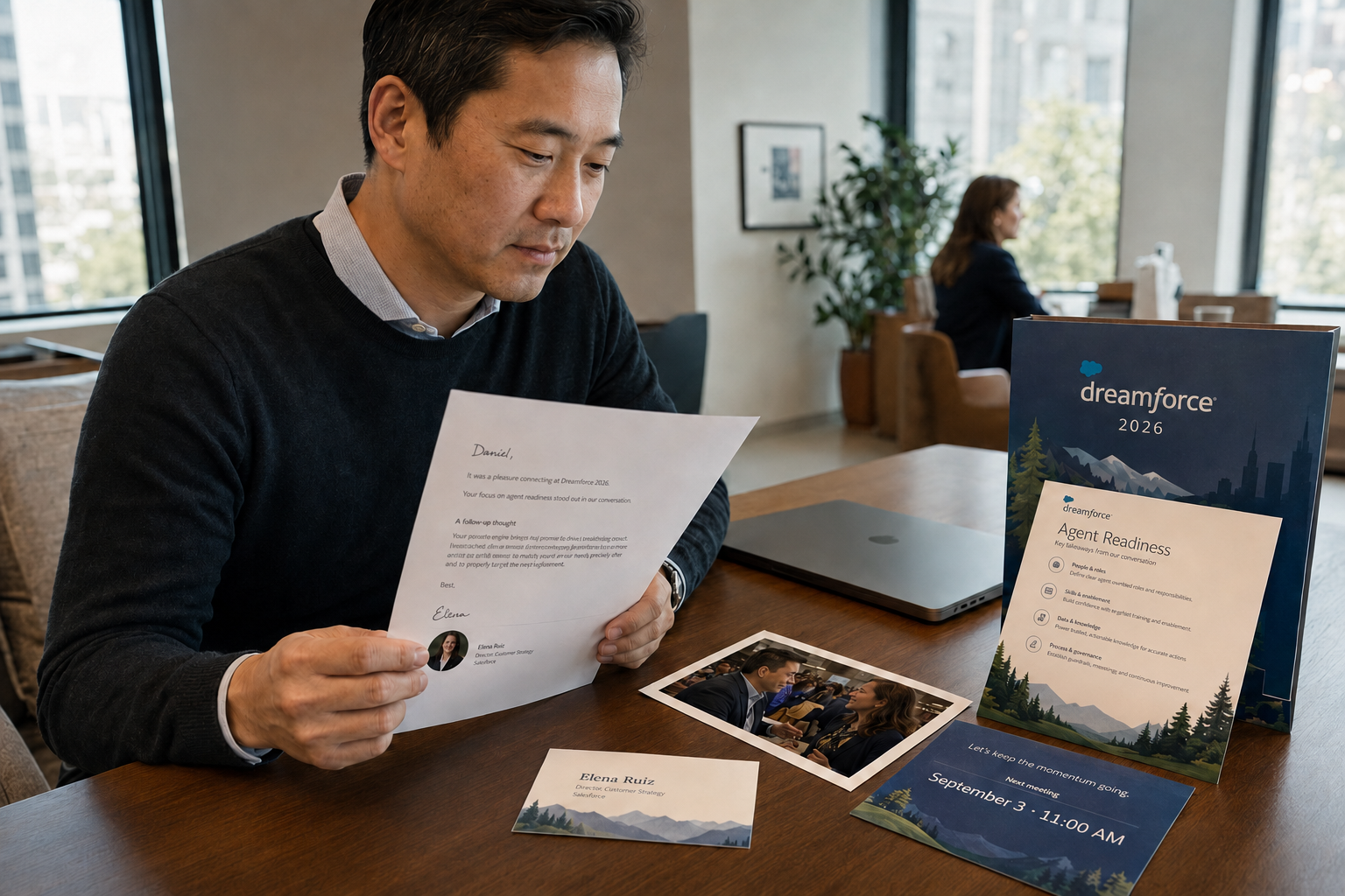 Daniel Kim reads a personalized Dreamforce 2026 follow-up letter beside an insight, event photograph, named owner, and next meeting.