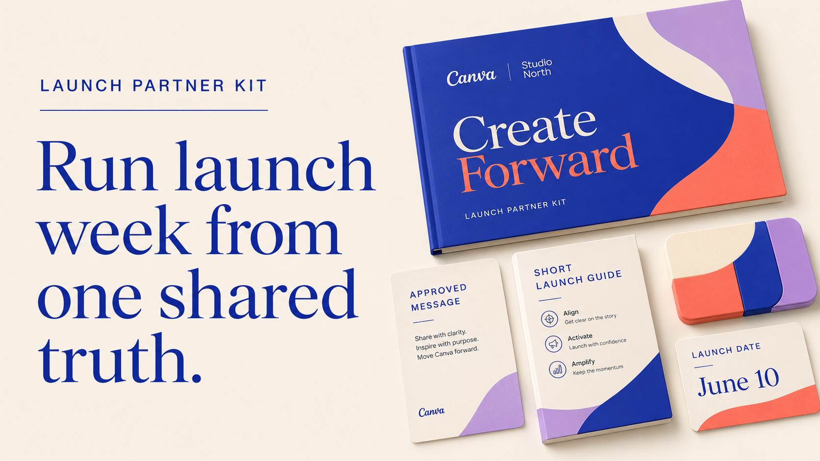 Canva launch materials beside the headline Run launch week from one shared truth.