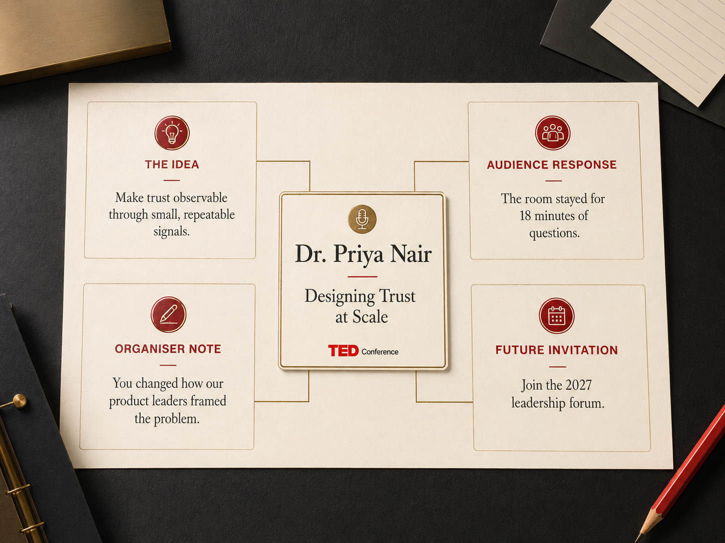 A session-impact card documenting Dr. Priya Nair's idea, audience response, organiser note, and future invitation.
