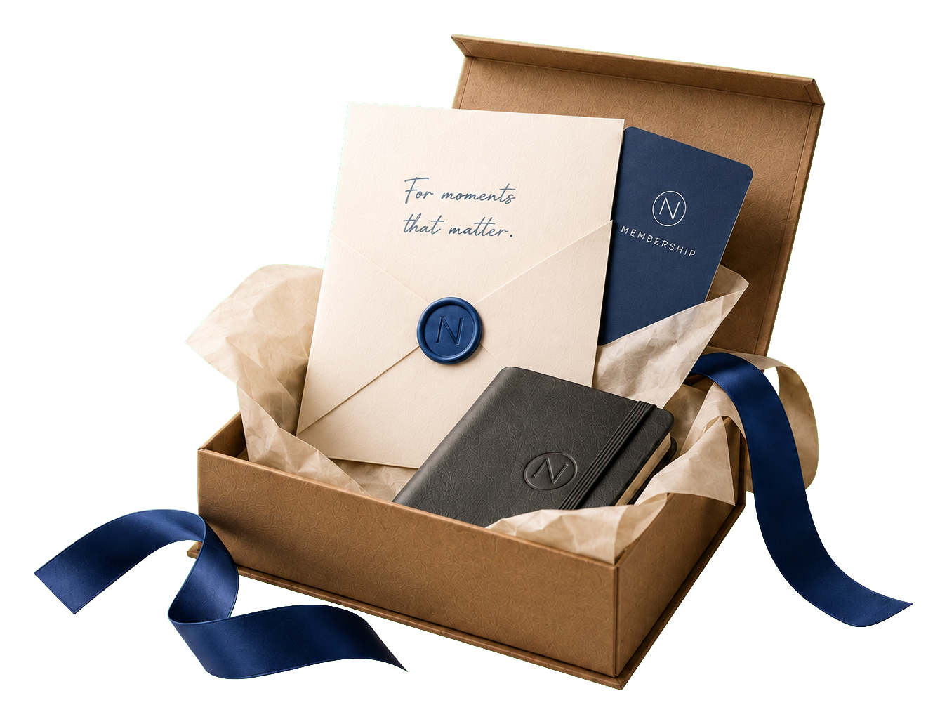 An open presentation gift box with a personal letter, membership pass, notebook, tissue paper, wax seal, and blue ribbon.