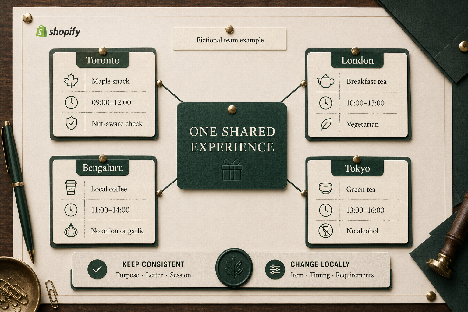 Location-routing board connecting one shared experience to different local items, timing, and requirements in four cities.