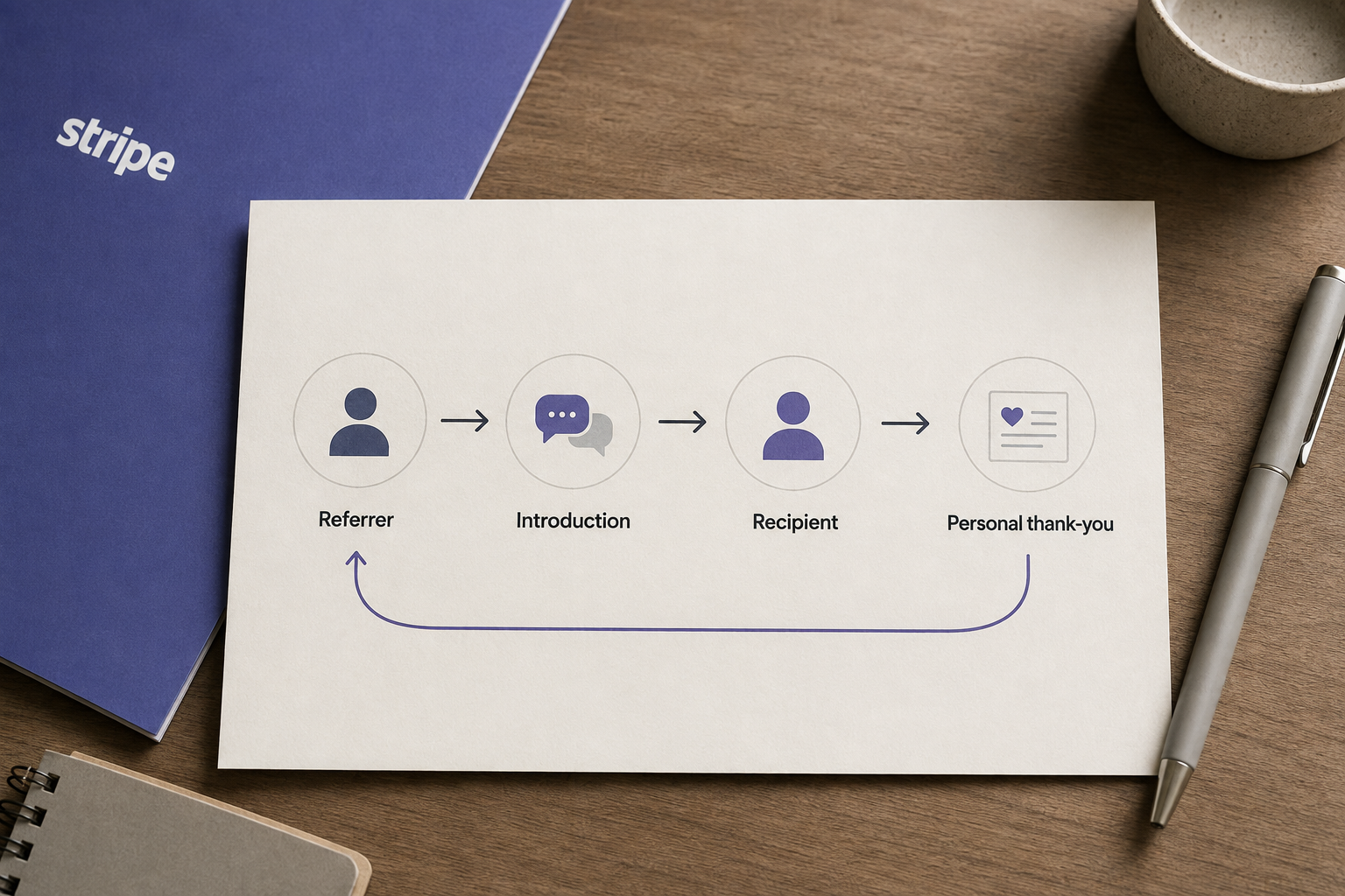 A Stripe trust-chain illustration connecting the referrer, introduction, recipient, and personal thank-you.