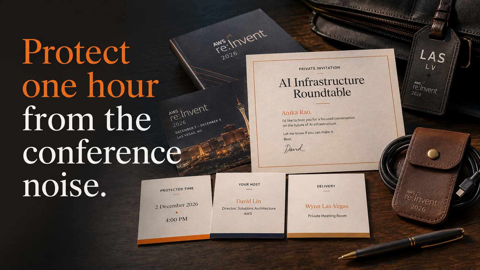 An AWS re:Invent VIP meeting package beside the headline Protect one hour from the conference noise.