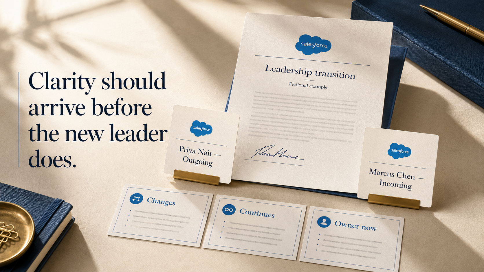 Fictional Salesforce leadership-transition letter with outgoing and incoming leader cards and clear change, continuity, and ownership notes.