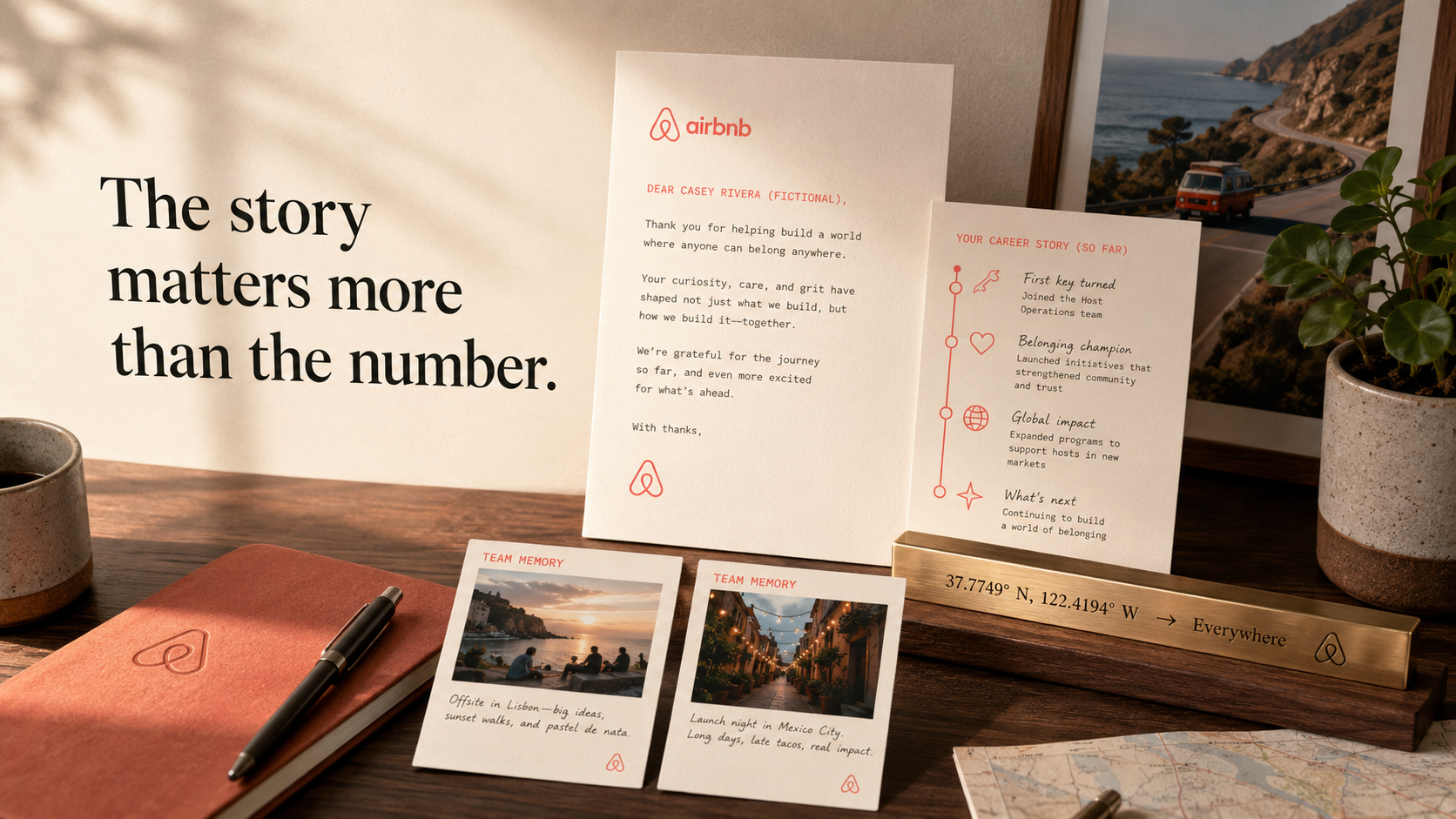 An Airbnb anniversary letter, career-story timeline, team memories, and milestone object beside the editorial line The story matters more than the number.