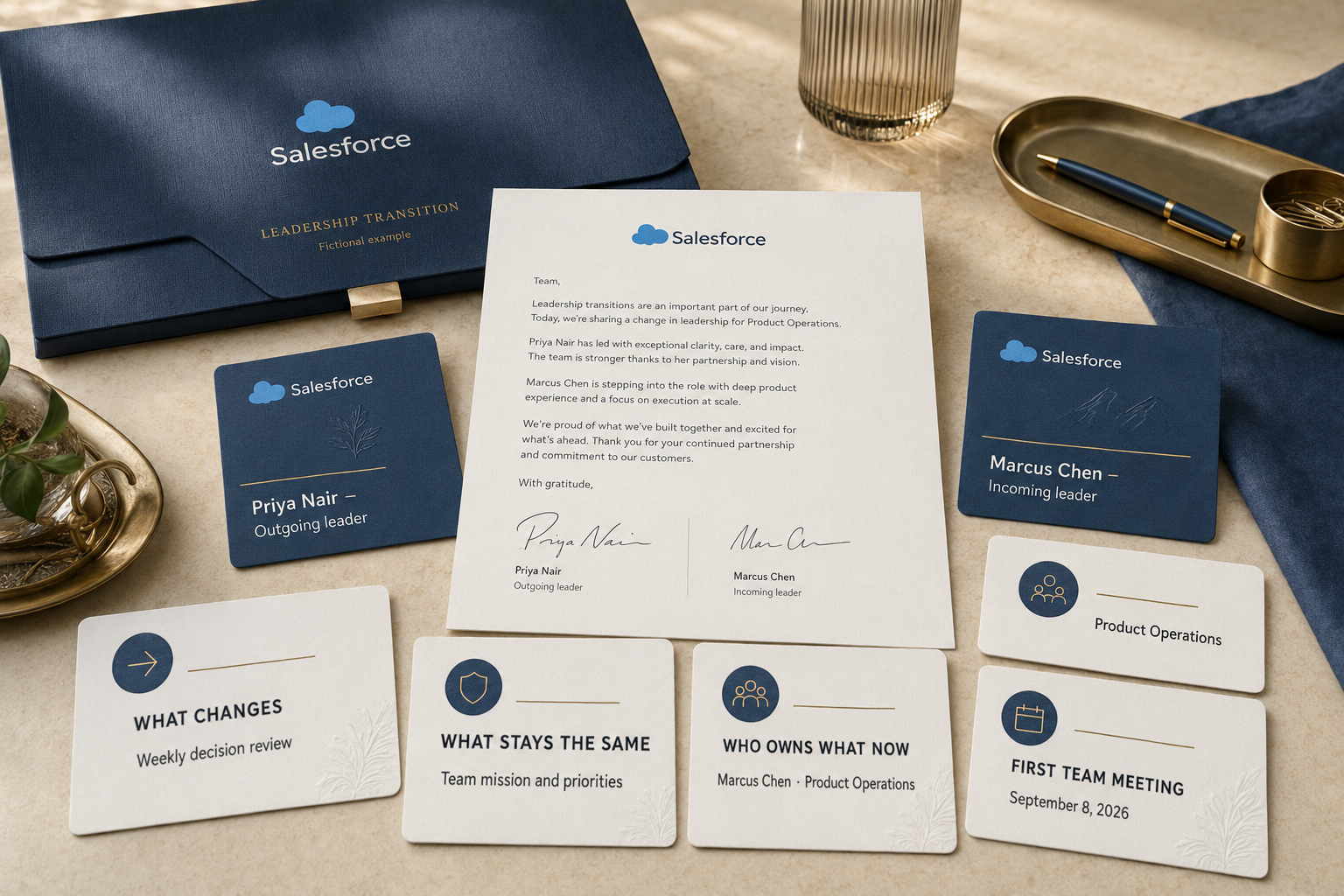 Jointly signed fictional Salesforce transition letter with cards explaining what changes, what stays the same, ownership, and the first meeting.