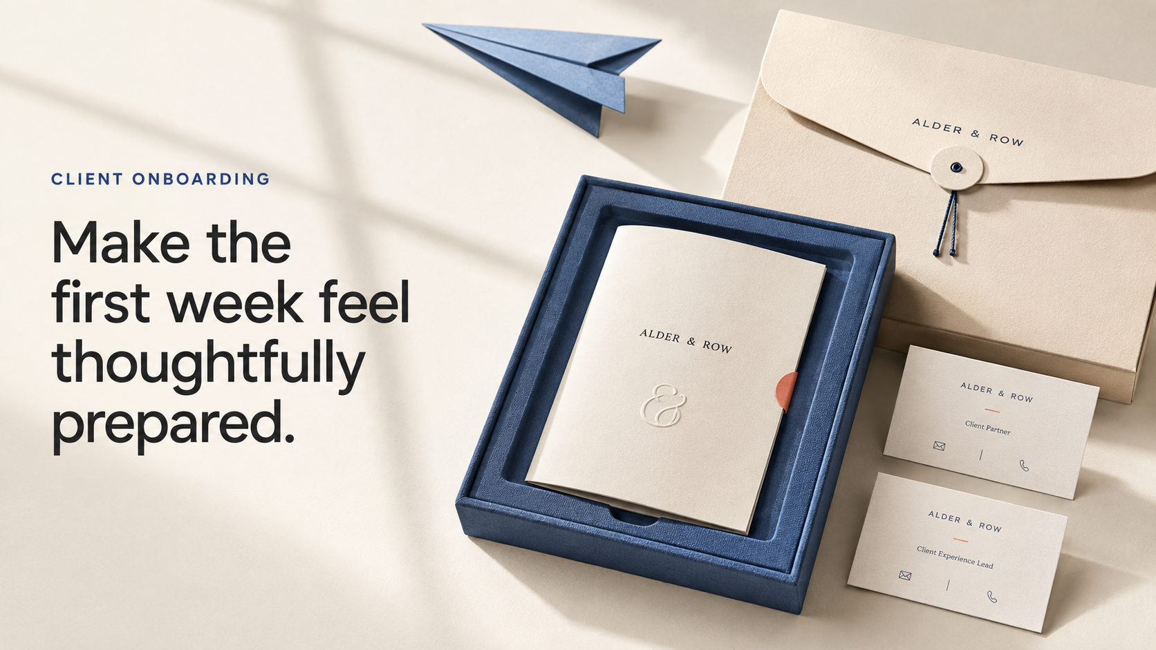 An Alder & Row client onboarding kit beside the headline Make the first week feel thoughtfully prepared.