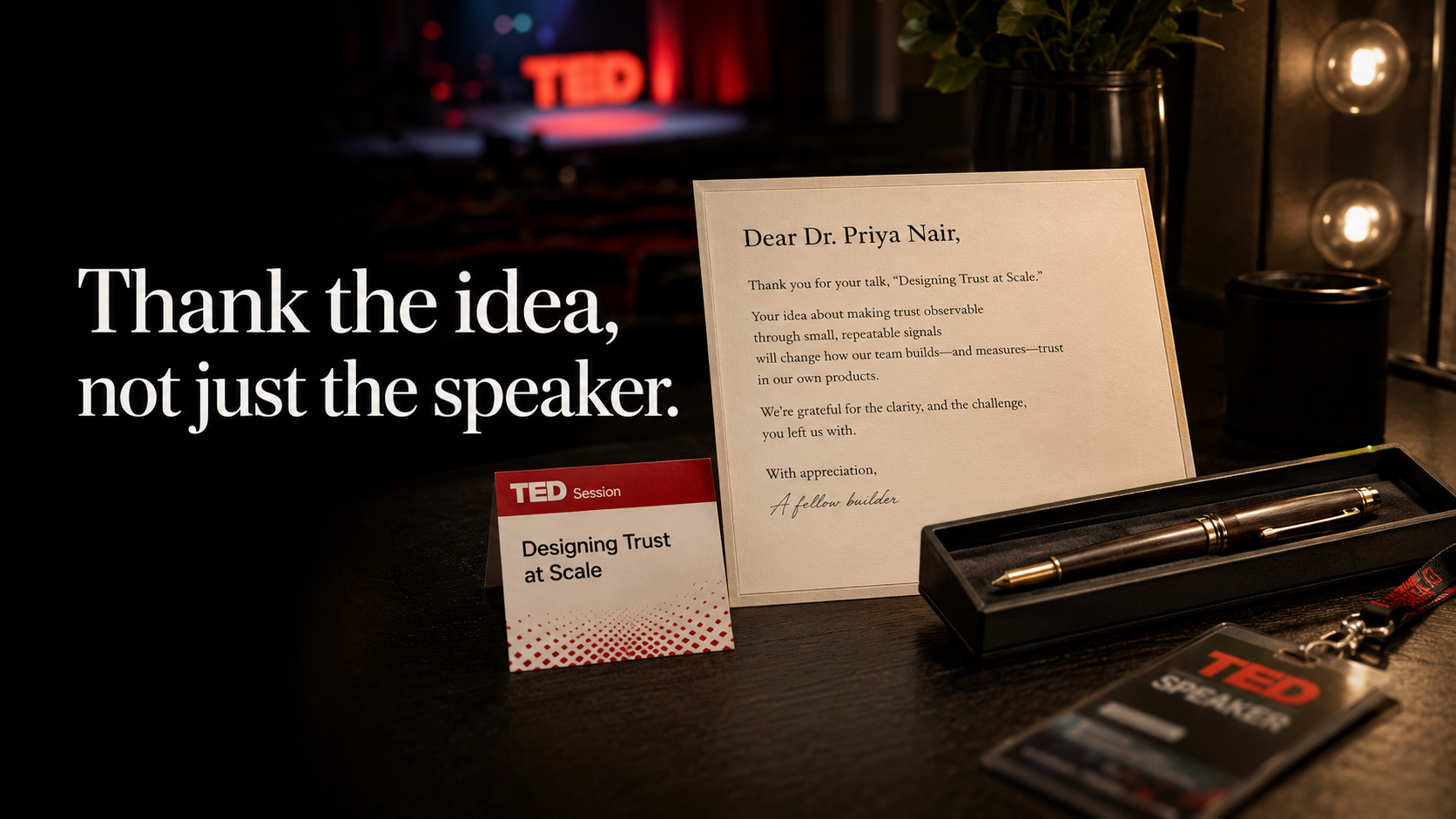 A specific TED speaker thank-you letter and fountain pen beside the headline Thank the idea, not just the speaker.