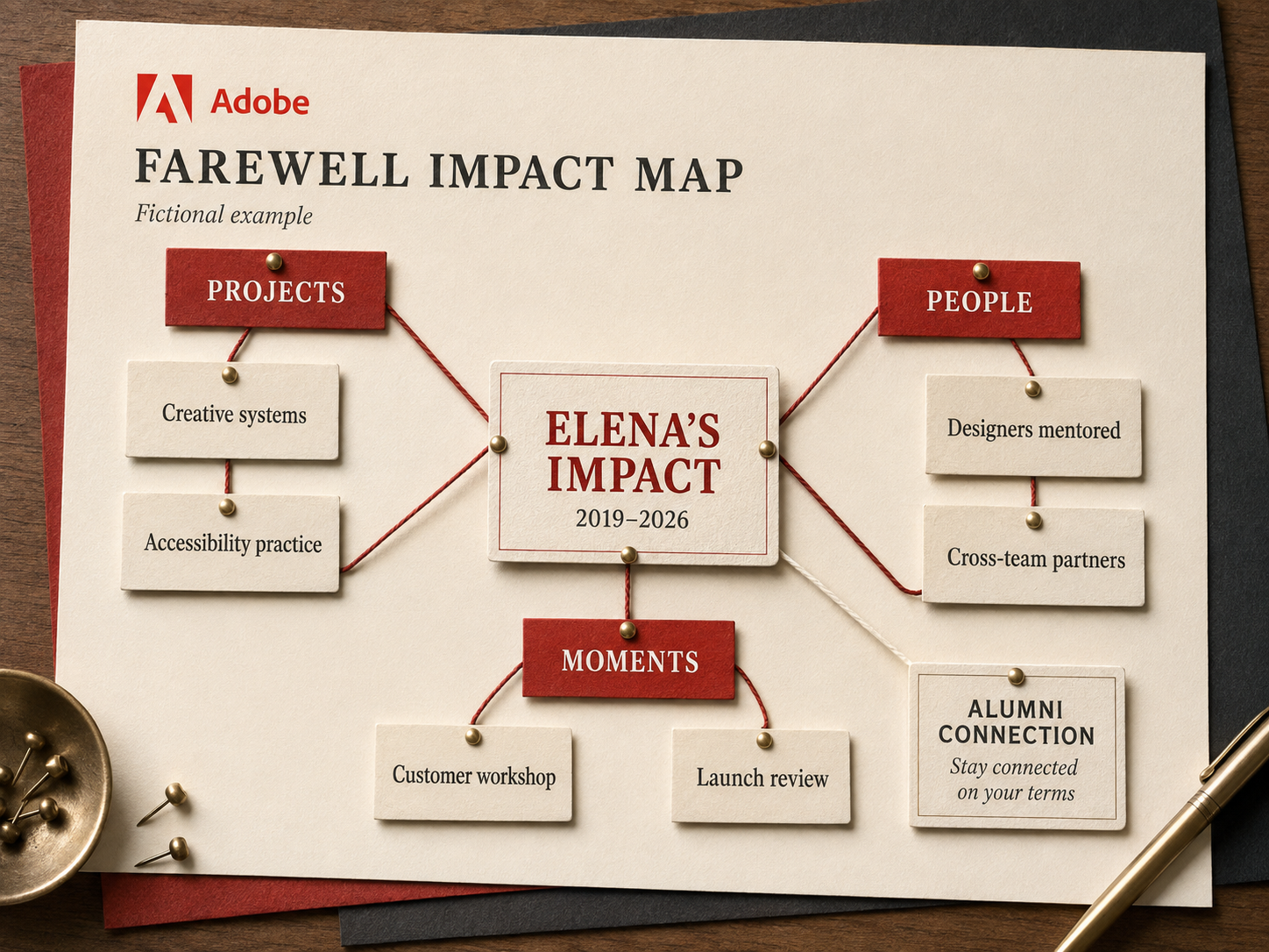Farewell impact map connecting a fictional employee's contribution to projects, people, moments, and an optional alumni relationship.