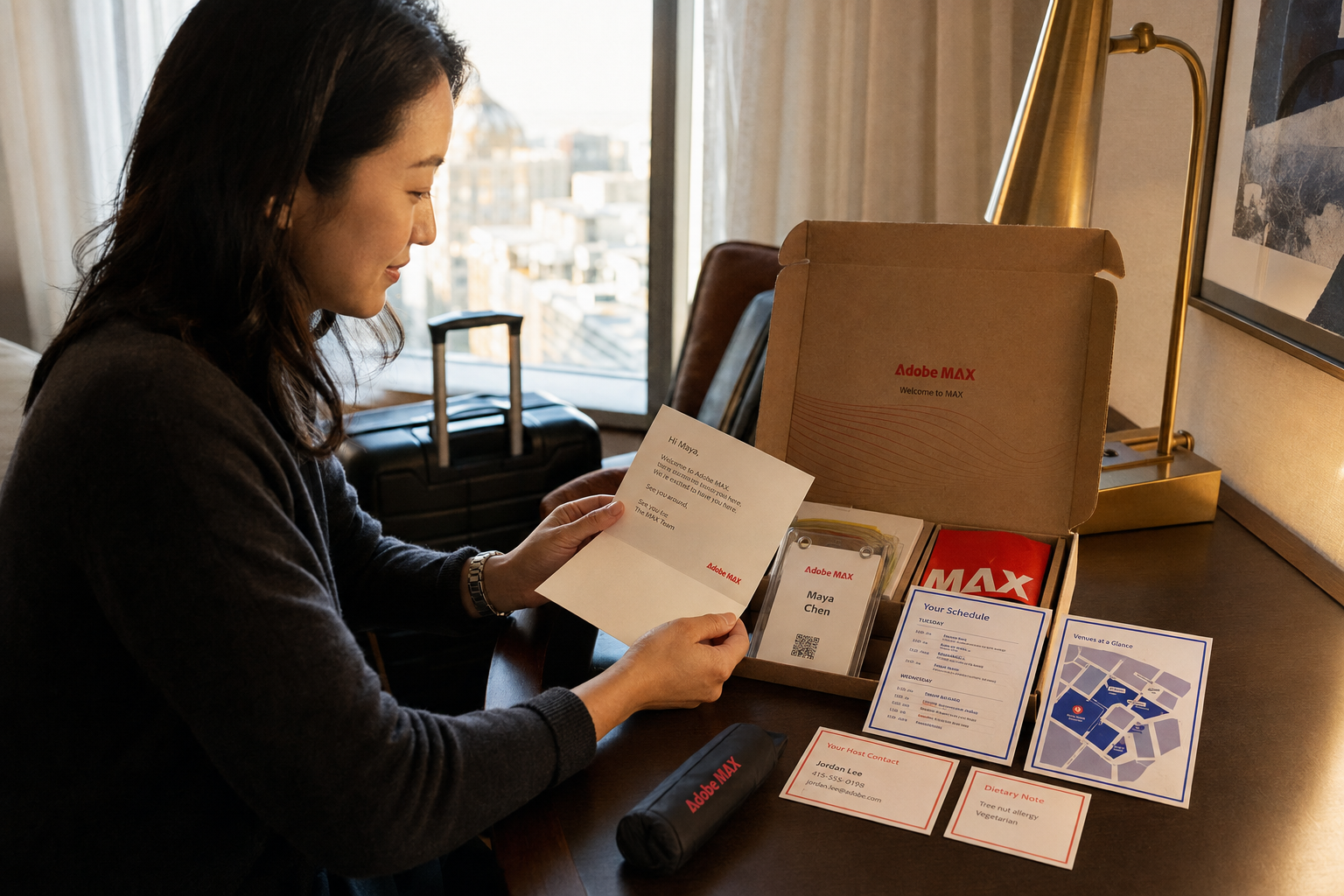 An Adobe MAX attendee reads a personalized welcome note beside her badge, schedule, venue map, host contact, and dietary information.