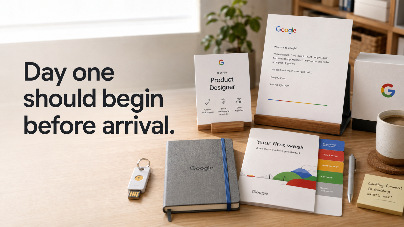 A prepared Google welcome letter, role card, first-week guide, security key, and notebook beside the editorial line Day one should begin before arrival.
