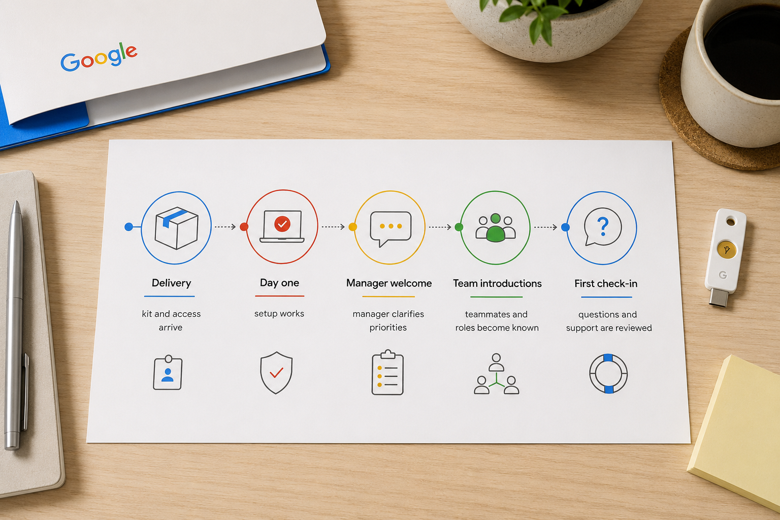 A five-stage Google first-week path from delivery through the employee's first check-in.