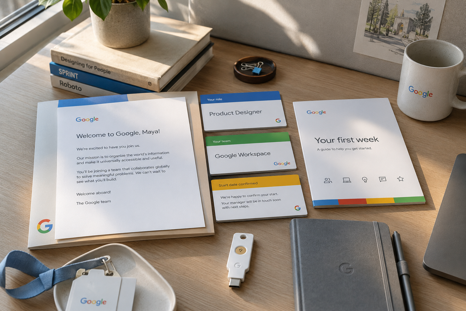 A Google day-one kit prepared for fictional new employee Maya with role, team, start confirmation, first-week guide, and access essentials.