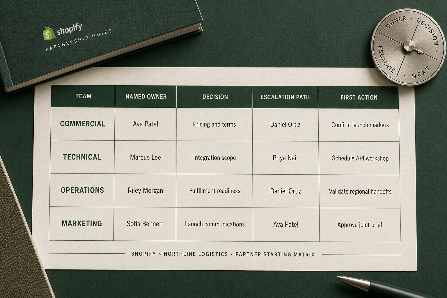 A Shopify and Northline Logistics roles matrix lists each team, named owner, decision, escalation path, and first action.