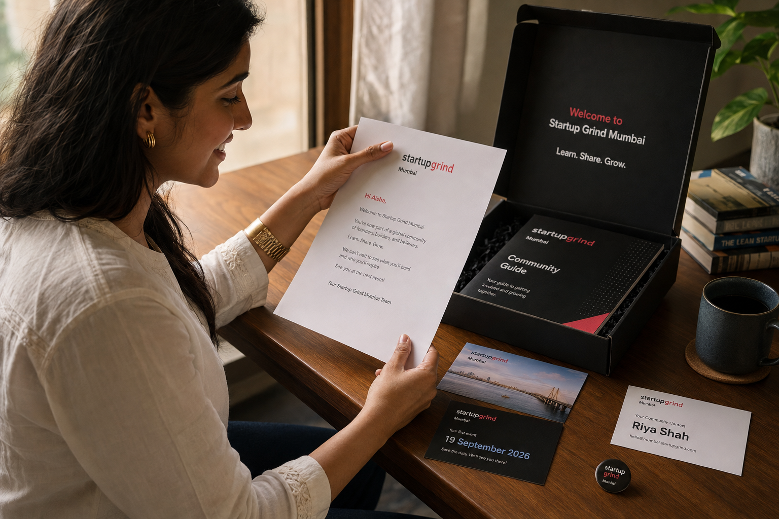 Aisha Patel reads her Startup Grind Mumbai welcome letter beside a community guide, event card, named contact, and participation pin.