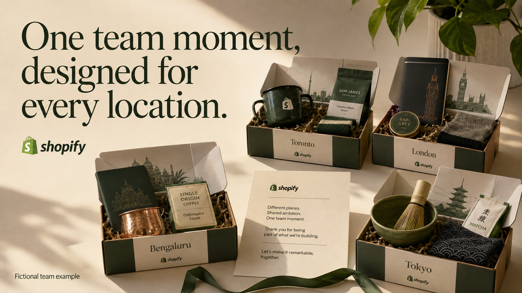 Four fictional Shopify team kits adapted for Toronto, London, Bengaluru, and Tokyo around one shared letter.