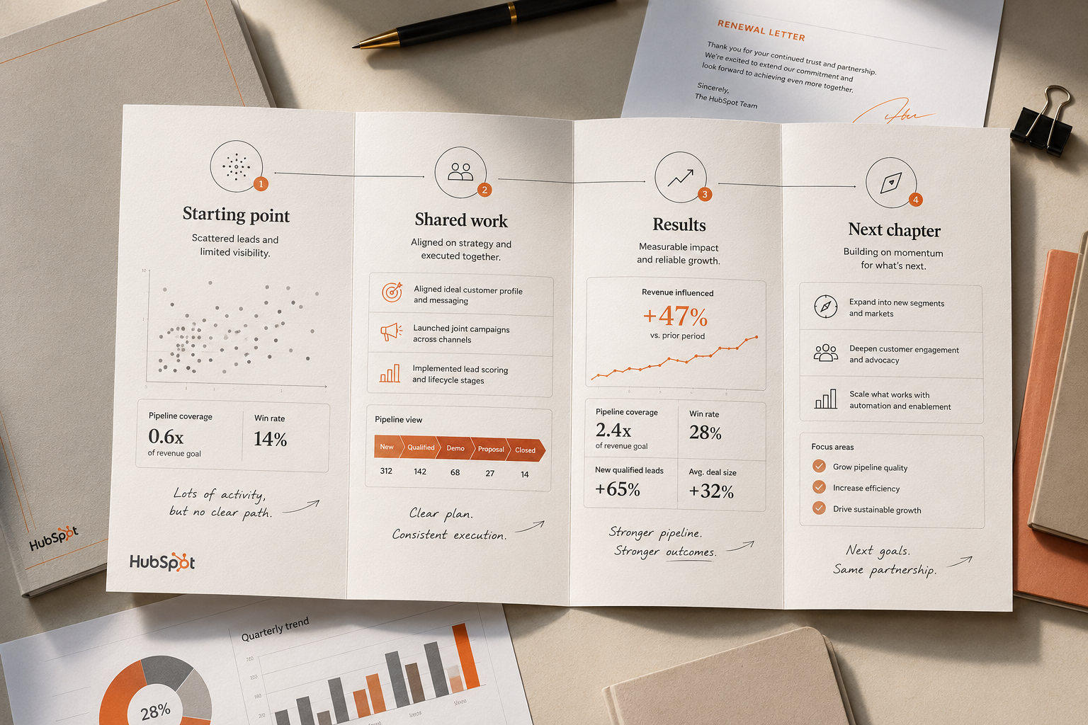 A four-stage HubSpot client progress report showing the starting point, shared work, results, and next chapter.