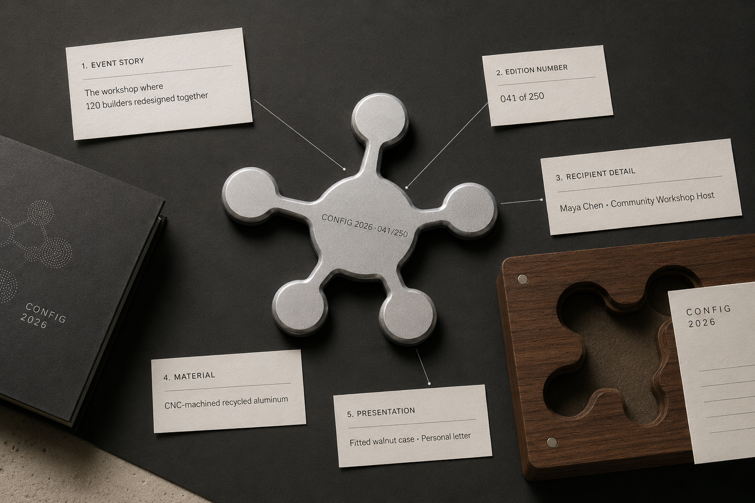 A five-part diagram explains the event story, edition number, recipient detail, material, and presentation of a numbered Config 2026 keepsake.