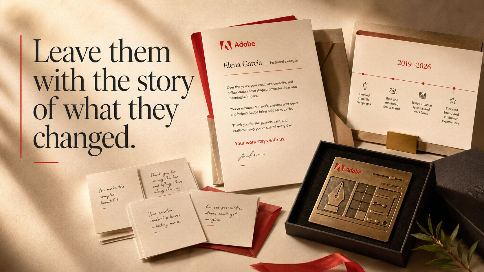 Fictional Adobe farewell package with an appreciation letter, contribution timeline, team messages, and creative keepsake.