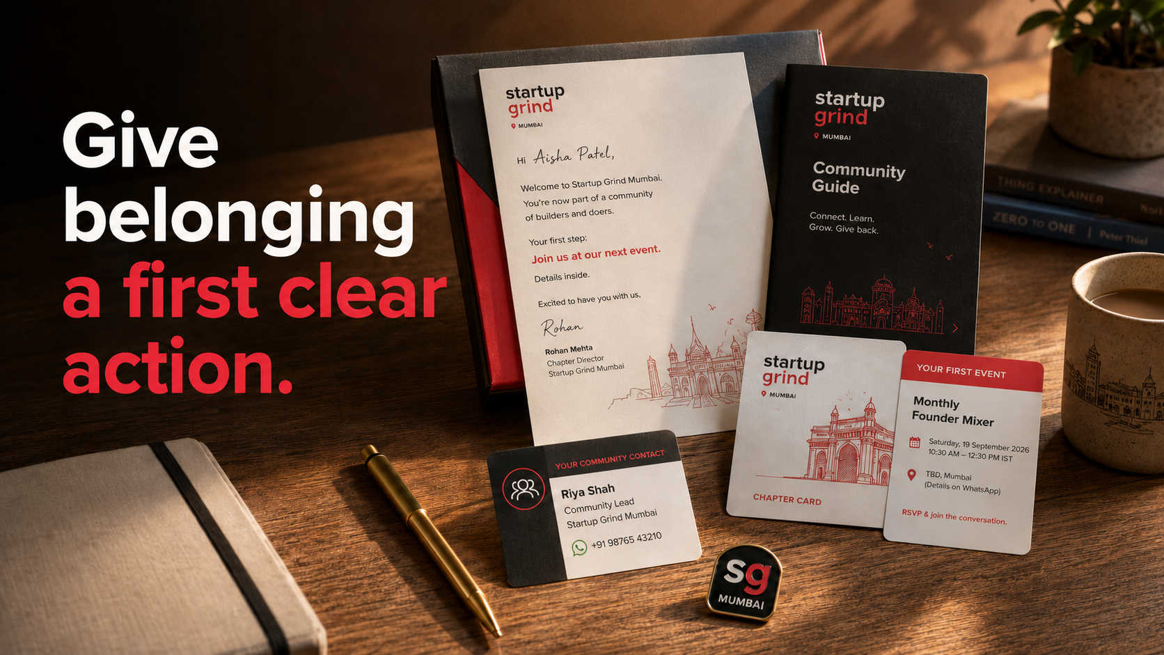 A Startup Grind Mumbai member welcome kit beside the headline Give belonging a first clear action.