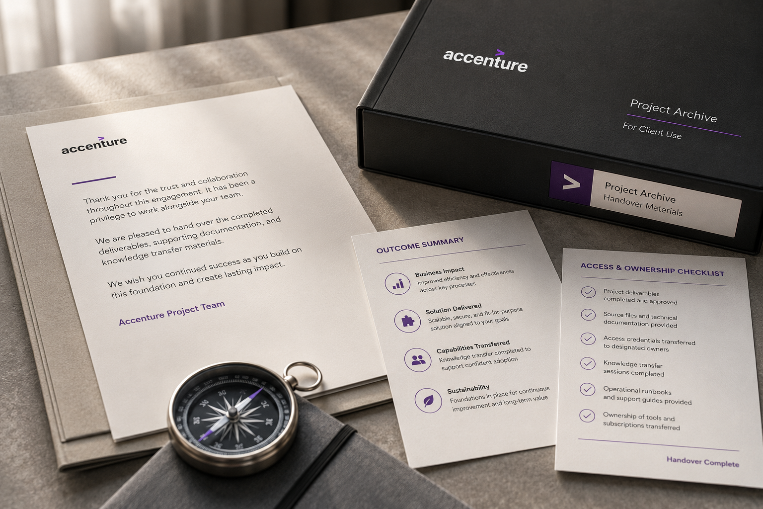 An Accenture project handover with a closing letter, outcome summary, archive, access checklist, and compass keepsake.