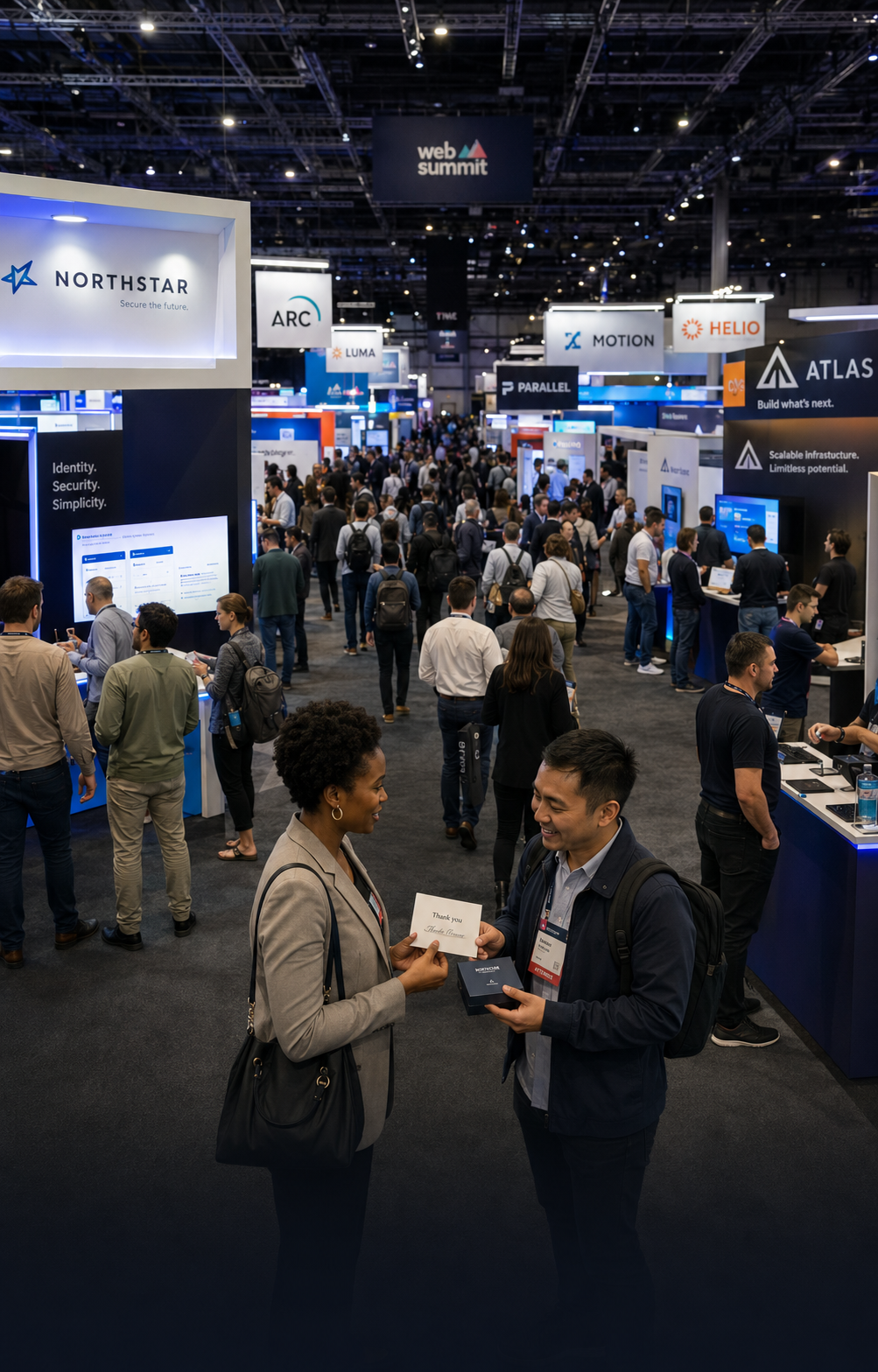 Two conference attendees exchanging a personal thank-you card and boxed keepsake on a busy technology event floor