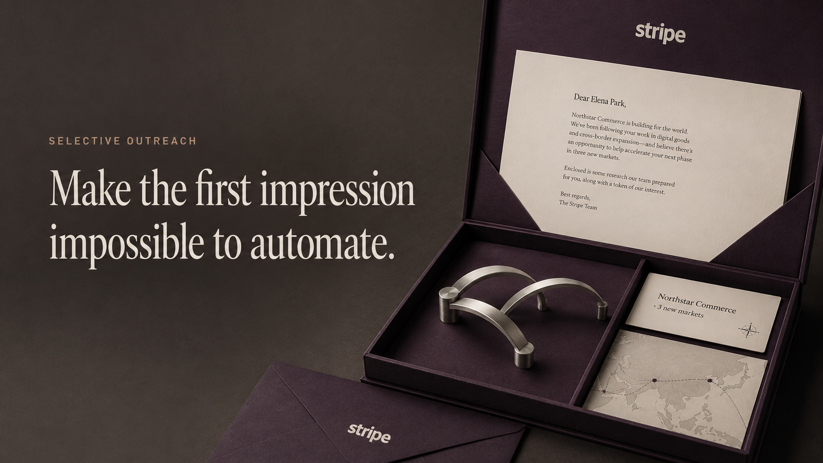 A researched Stripe outreach package beside the headline Make the first impression impossible to automate.