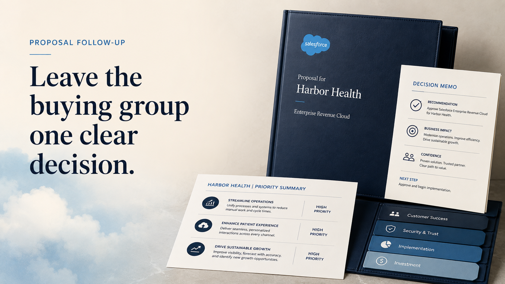 Salesforce proposal materials beside the headline Leave the buying group one clear decision.