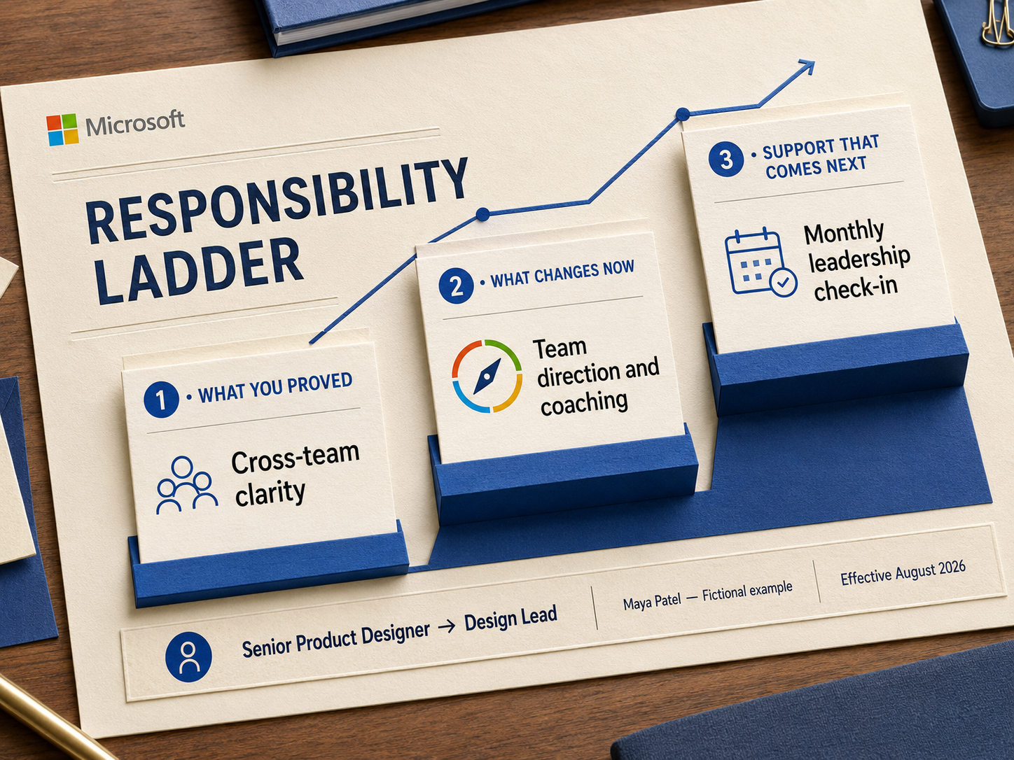 Responsibility ladder showing what a fictional promoted employee proved, what changes now, and the leadership support that comes next.