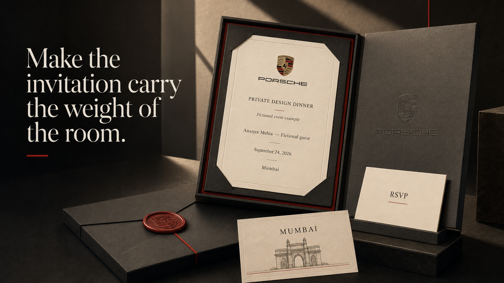 Porsche-branded invitation suite for a fictional private design dinner with named guest, Mumbai venue cue, and RSVP card.
