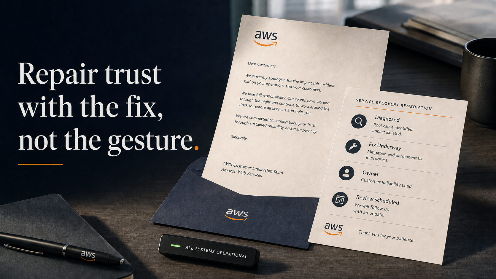 An AWS apology letter and corrective-action card beside the editorial line Repair trust with the fix, not the gesture.