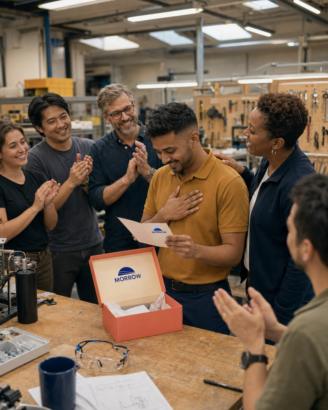 Male employee opening a MORROW recognition gift while coworkers applaud in a real workshop