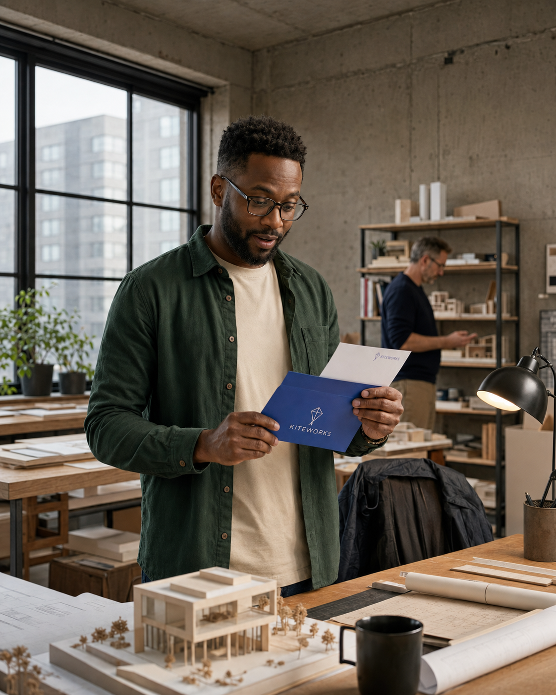 Male prospective client reading a branded KITEWORKS letter in a real architecture office