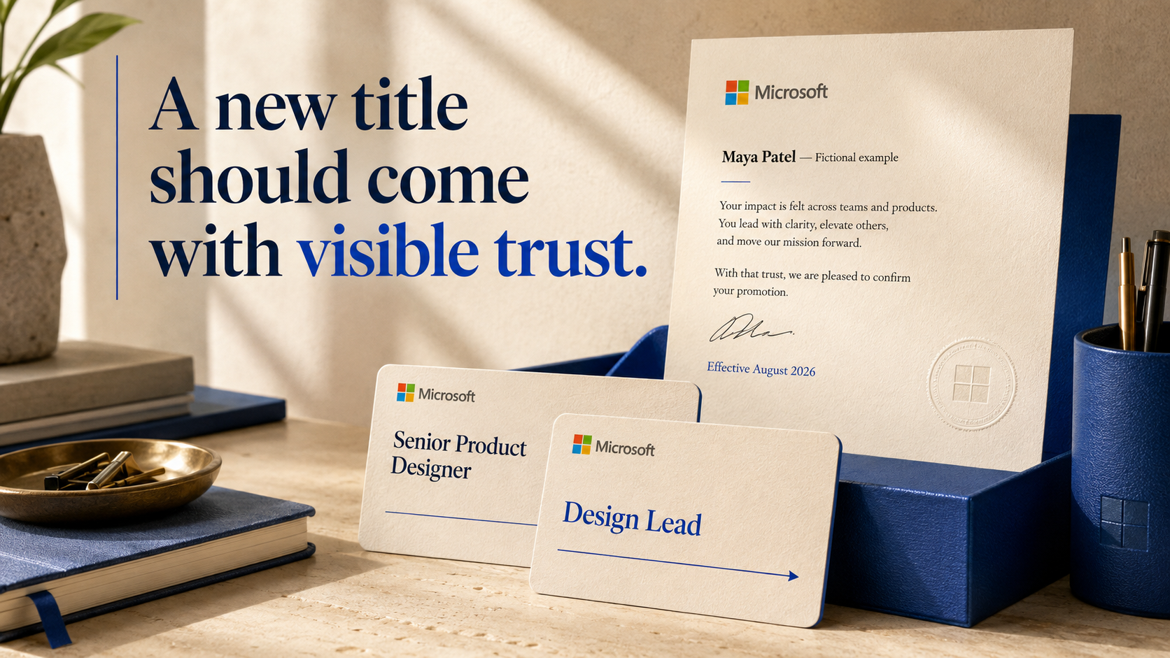 Microsoft promotion letter and role cards showing a fictional employee advancing from Senior Product Designer to Design Lead.