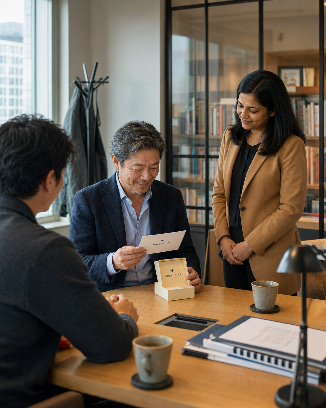 Senior male client opening a NORTHSTAR appreciation gift with business partners in a real office